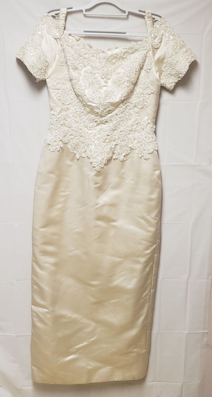 Handmade Cream Wedding Dress Short Sleeve Sequined Romantic Bridal Gown PO Excel
